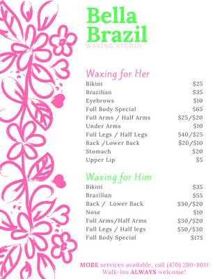 Services and prices! More services available, just give us a call or check out our website :)