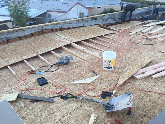 Building slope into flat roof for positive drainage.