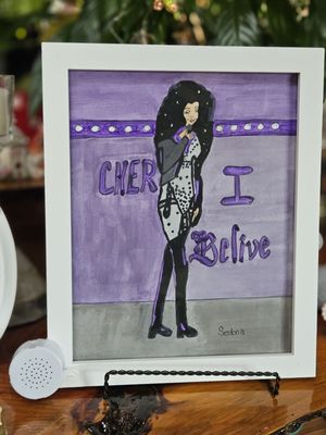 A painting of Cher performing on stage.