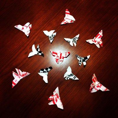 Origami butterflies circling around @jimmyjohns #fastfoodorigami