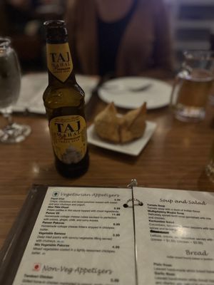 Chicken samosas and Taj Mahal beer