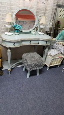 Painted vanity and matching chair painted with country chic teal and antiqued glaze ready to be picked up