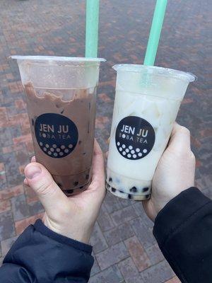 Left: Chocolate (I think? Maybe mocha) Milk Tapioca Boba. Right: Coconut Milk Tea with Tapioca Boba.