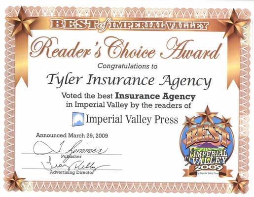 Tyler Insurance Agency was recognized as Imperial Valley's Best Insurance Agency in Imperial Valley Press inaugural reader poll