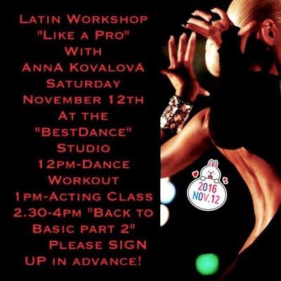 12pm - special workout for dancers(please bring sport shoes with you) 1pm - acting class  2.30pm - 4pm - "back to basic" all 5 dances