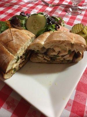 Fino's Chicken Panini with a side salad and pickles.