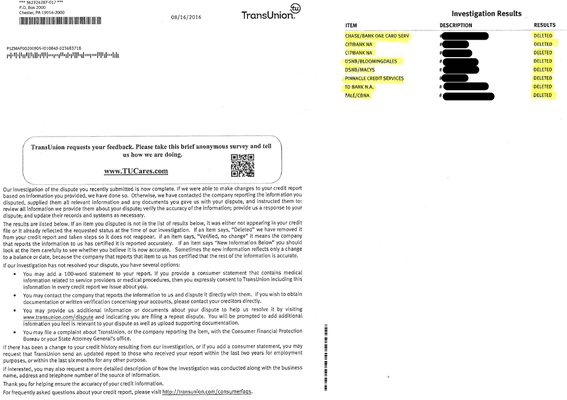 TRANSUNION RESULTS/DELETIONS