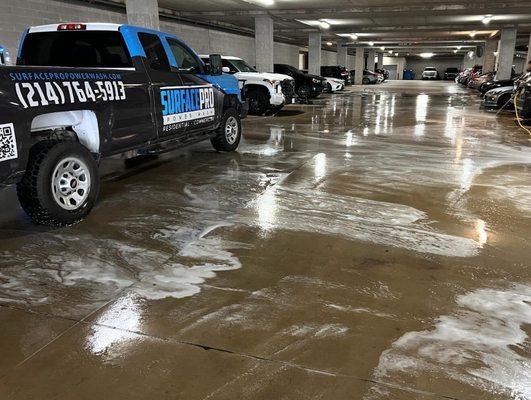 We pre-treat and pressure wash parking garages.