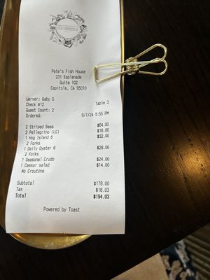 A non-alcoholic 2-person bill.