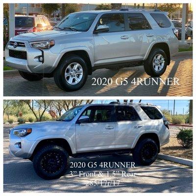 2020 Toyota 4Runner, leveling kit 3" in front and 1.5 in the rear. Running RaceLine wheels & 285/70r/17