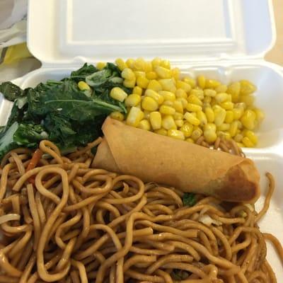 Lo mein, Bok Choy, corn, spring roll