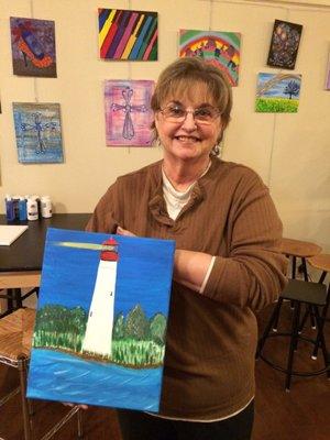 My lighthouse painting from a session at Stroke of Magic. I actually used a pic of the Cape May, NJ lighthouse as my model.