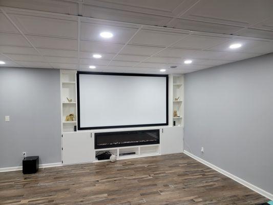 Movie theater screen in a basement!