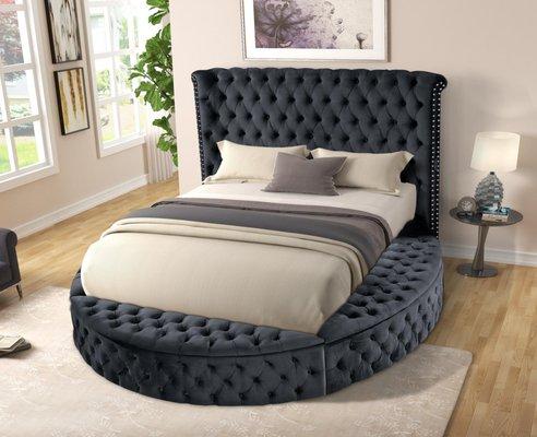 Circle Tufted Velvet Storage Bed w Bluetooth Speakers. Gray, Blue & Black. King Size & Queen Size Available. 678-334-6149