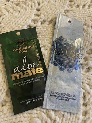 Purchased sample lotions on site for my first tanning session. Aloe mate is for the face and neck. Valor is for the body.