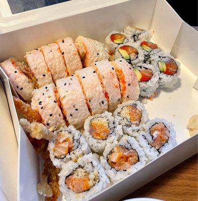 Po' boy roll, dynamite roll, and salmon avocado roll