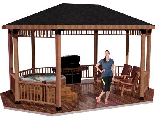 6x6 Linear Octagon Pavillion with hottub, grill and seating furniture