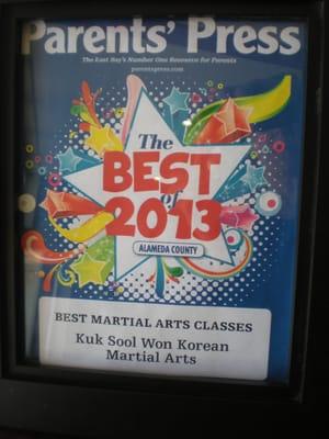 Berkeley Martial Arts won the Parents Press award in 2013 for "Best Martial Arts Classes" in all of Alameda county