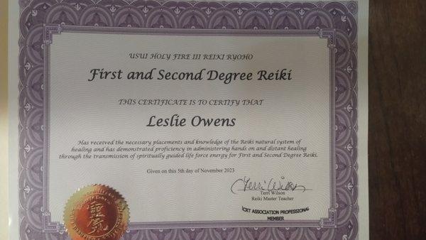 I received my Reiki certification under Terri Wilson in Clarksville, TN.