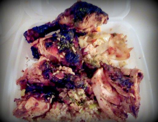 Tasty jerk chicken platter w/ rice & cabbage