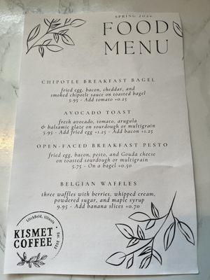 Spring 2024 Kismet Coffee Food Menu