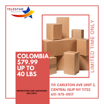 Send up to 40 lbs to your loved ones to Colombia for only $79.99.  Give us a call for additional information.