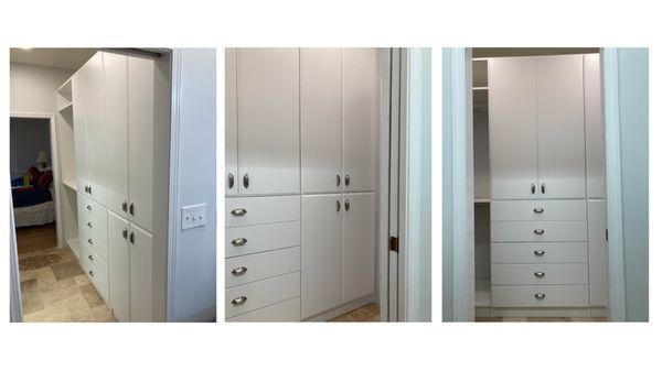 Custom 24 inch deep wardrobe cabinets with drawers. Perfect for hanging clothes storage.