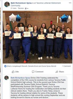 Students from Tacoma Public high schools who took CNA class at Divine CNA Training summer 2018