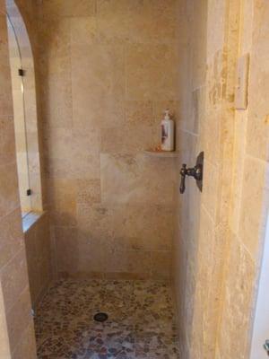 French Pattern Stone on Walls and Floors @ entrance to shower