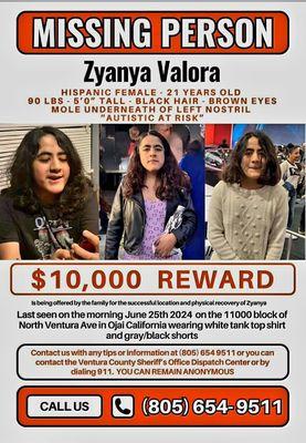 Please help us find Zyanya   She's 21, non-verbal and autistic . Our little town of Ojai, has searched by foot, helicopters and fliers.