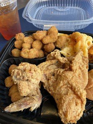 Fried chicken with Fried Okra and Mac n cheese