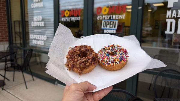 Maple bacon and chocolate drizzle with rainbow sprinkles