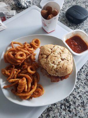 Beef and cheddar with bacon burger meal with Mozzarella sticks