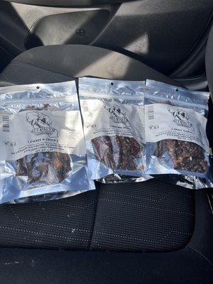 Three different flavors of jerky.