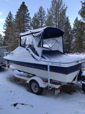 Seaspray made boat top with windshield and side curtains