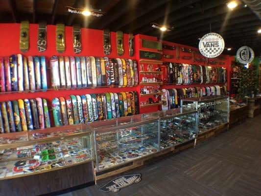 The board wall and truck and wheel cases at the Wauwatosa location. We usually stock about 200 decks at all times.