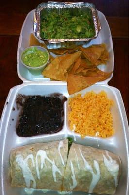 Breakfast Burrito with Rice and Beans and Chips and Guacamole, Lime Sauce