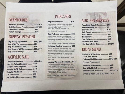 Prices for mani/pedi