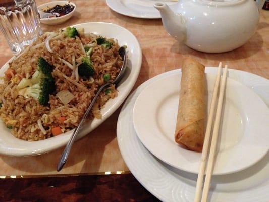 Spring roll and veggie fried rice.