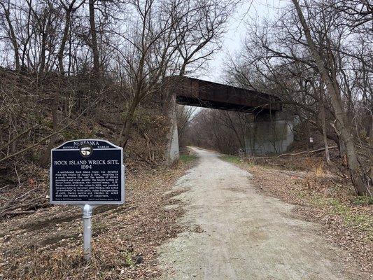 Rock Island Wreck Site with the historic train trestle in the background.  The Jamaica North Trail runs underneath.