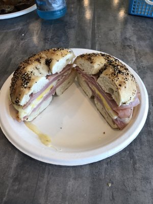 Virginia ham, egg and swiss on an everything bagel