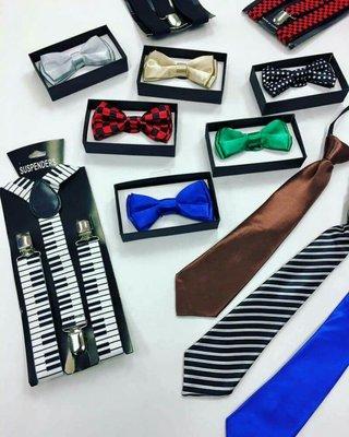 Brand new bow ties, suspenders and ties $3.99 each.