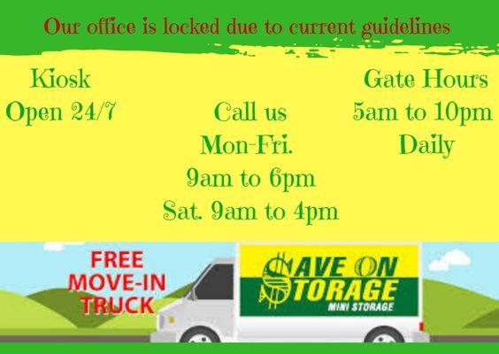 Updated information for hours during COVID 19 guidelines.  Our office is locked but we are available by phone, online, kiosk.  See you soon.