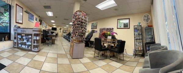 Waiting area looking into salon