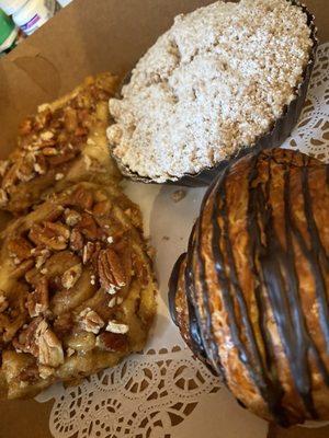 Carmel pecan roll, NY Crumb coffee cake, chocolate croissant