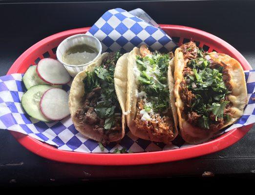 Carne asada, chicken tinga, crispy birria tacos