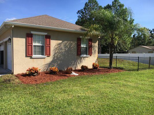 Side of Garage with new Croton and Mulch after removal of large shrubs