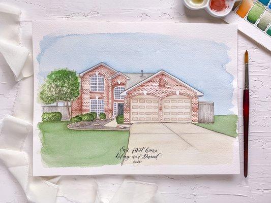 "Our first home" watercolor custom painting. Great gift!