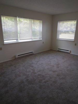 Livingroom has large windows and lots of light.