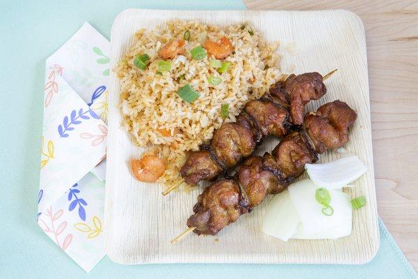 Teriyaki Chicken Shishkabobs and Shrimp Fried Rice Plate